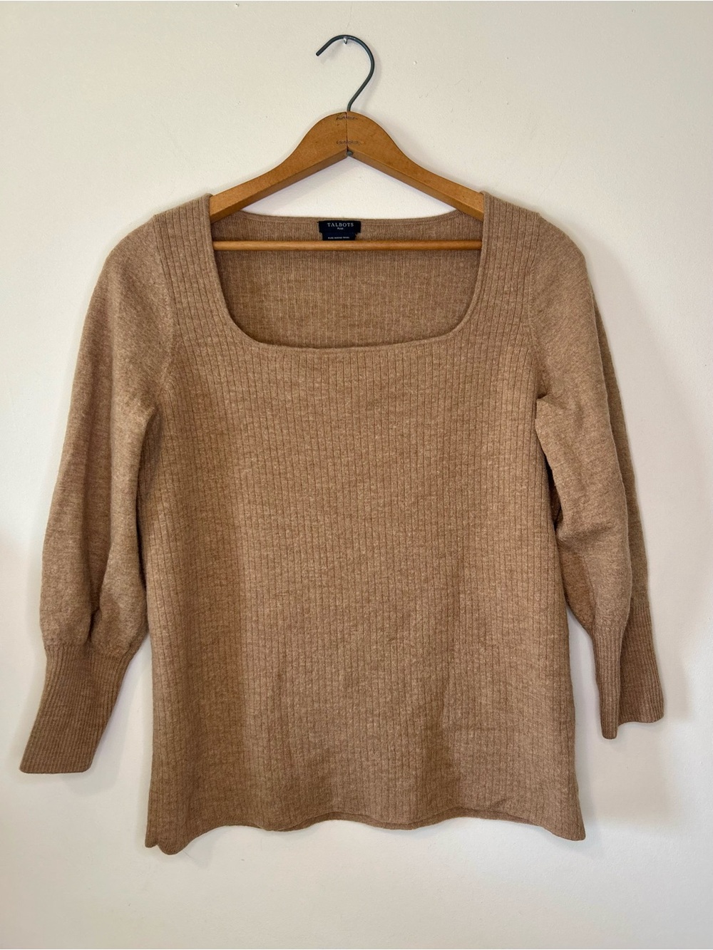Talbots Merino Wool Blend Square Neck Ribbed Sweater Camel Beige Size X EUC